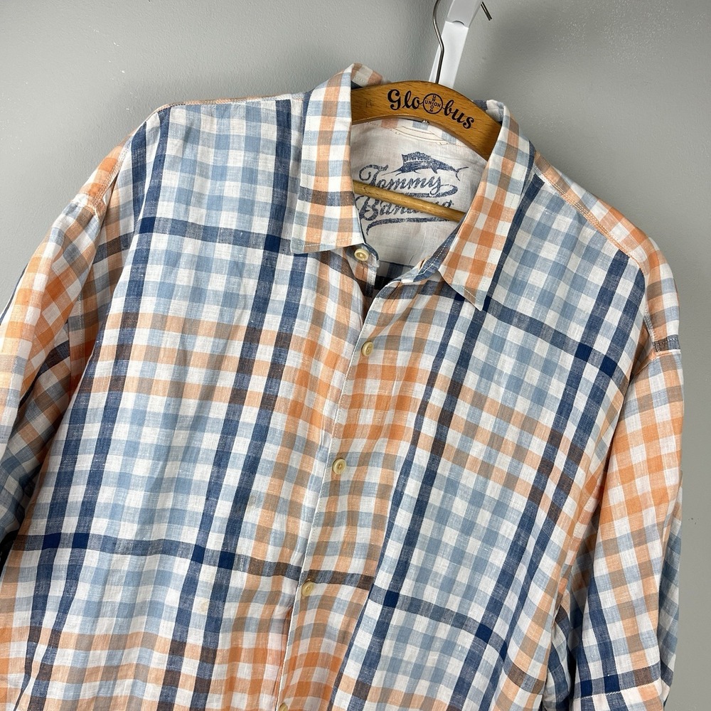 Tommy Bahama Plaid Linen Shirt Mens XXL Blue Orange White Short Sleeve
